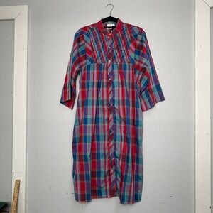 Vintage Models Coat Plaid House Dress Red Blue Pintuck Button Front Size 14